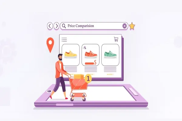 A flat vector illustration of a man pushing a shopping cart on a giant smartphone screen, comparing prices of colorful shoes in an online search engine interface.