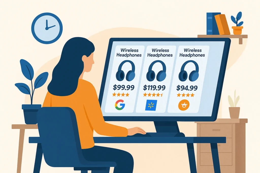 An illustration of a woman at a desk using a computer to compare wireless headphone prices across different search platforms like Google, Walmart, and Reddit to find the best deal.