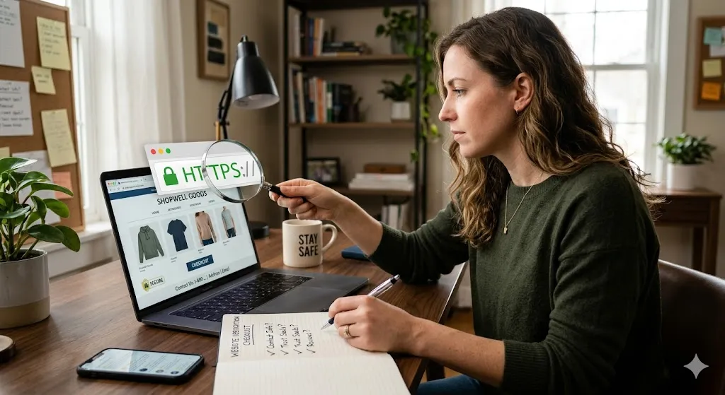 A woman at a desk using a magnifying glass to inspect an "HTTPS" padlock icon on a laptop screen while checking off a security list in a notebook.