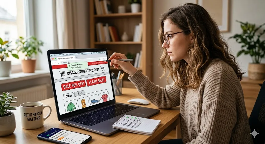 A woman sitting at a desk inspecting an online shopping website on her laptop for security indicators like SSL certificates and site reviews.
