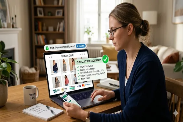 A woman using a laptop and smartphone to verify an online store's legitimacy with a digital overlay showing a "Checklist for Legitimacy" including SSL, contact info, and reviews.
