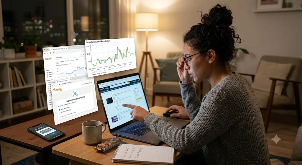 A realistic photograph of a focused woman in glasses wearing a grey sweater, sitting at a laptop on a wooden desk and comparing product prices online. She is pointing to the laptop screen. Floating in the air are digital panels illustrating online shopping tools: a Google Shopping results graph, a detailed green CamelCamelCamel price history chart, a Honey pop-up, and a "Capital One scanning" extension interface. A smartphone showing a barcode for ShopSavvy is on the desk next to a mug and notepad with shopping notes. The background shows a dimly lit living room at night.