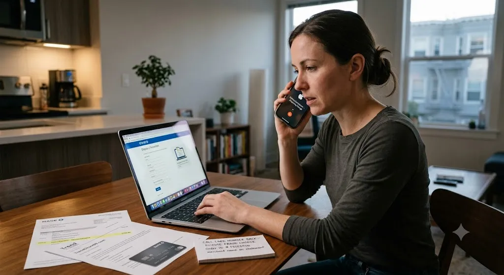 A woman sits at a kitchen table with a laptop, simultaneously speaking on her smartphone while managing paperwork. She is actively using her computer, which displays a bank dispute webpage. Scattered on the table are documents, including printed receipts, a credit card, and a handwritten note titled "CALL CARD NUMBER BACK" with details about a fraudulent purchase, such as the order ID and merchant name.
