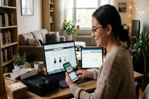 A side-view photograph of a smiling woman with glasses and her hair in a bun, sitting at a desk and using multiple devices for online shopping comparison. She holds a smartphone displaying a barcode scan, with a laptop in front of her showing headphones on a price comparison website interface. Packages and the headphone box are open on the table in a living room setting.