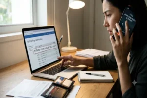 A concerned woman sitting at a desk with a laptop displaying a suspicious online bank transaction while calling customer support on her smartphone to report a credit card scam.