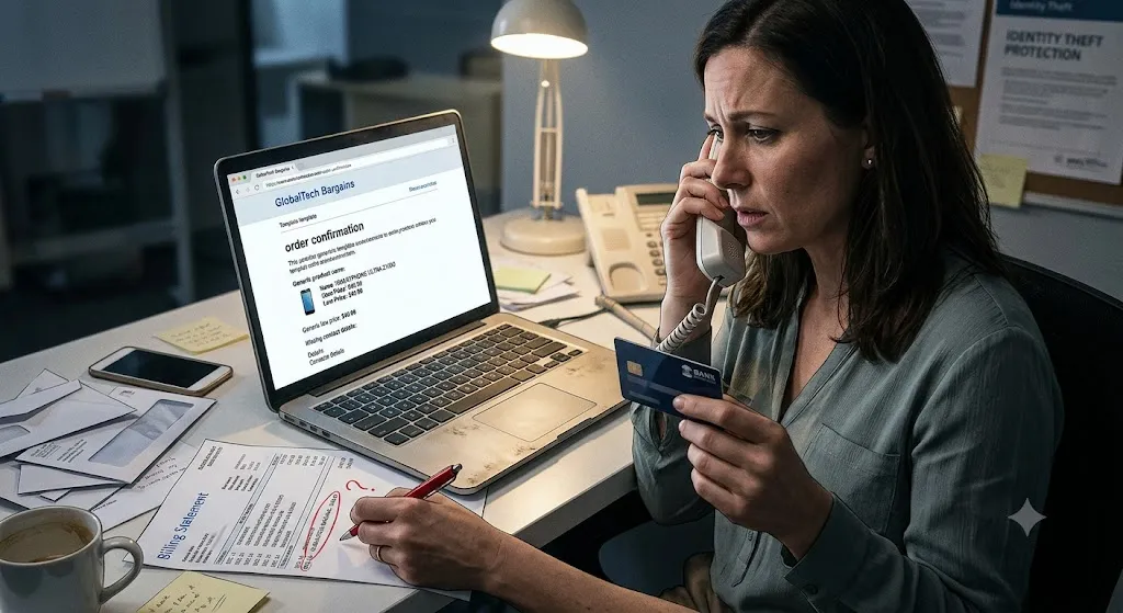 A concerned woman on the phone reviewing a credit card billing statement with a red question mark circled around a generic "GLOBALTECH BARGAINS" charge, while viewing a potentially fraudulent order confirmation for a smartphone on a laptop, illustrating steps to handle credit card scam purchases.