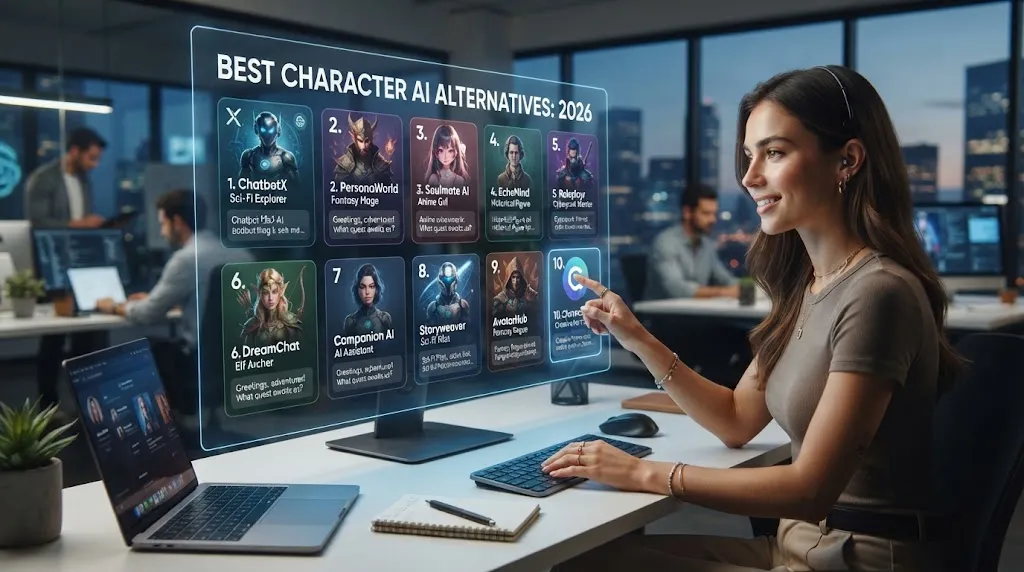 A woman working at a modern desk in front of a glowing transparent holographic interface showcasing a list comparing ten character AI platforms.