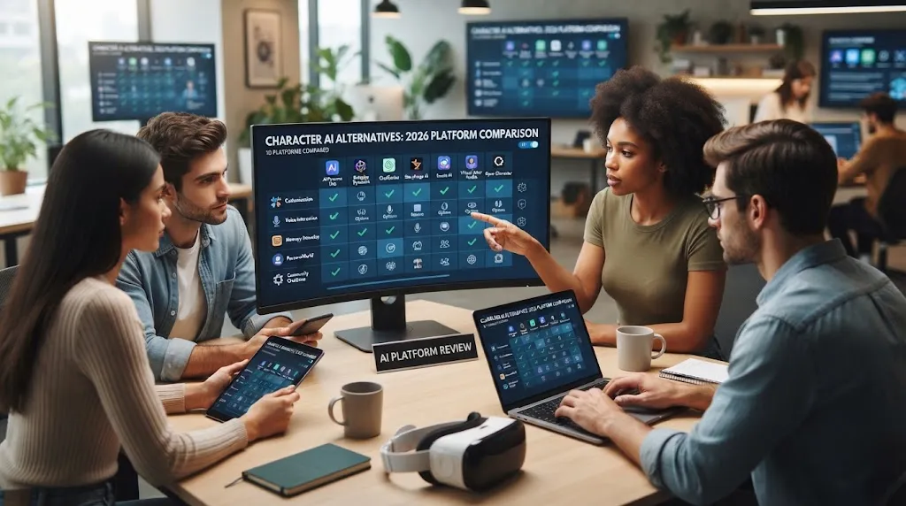 A realistic photography-style image of a diverse team of tech professionals collaborating in a modern, well-lit office around a conference table. In the center, a large curved computer monitor displays a comprehensive comparison chart titled "Character AI Alternatives: 2026 Platform Comparison" featuring ten platforms, checkmarks, and feature grids. A woman with voluminous curly hair points toward the screen while discussing data with her colleagues. The table features laptops, a tablet displaying matching UI analytics, a coffee mug, notebooks, and a VR headset, creating an authentic, professional workspace environment.