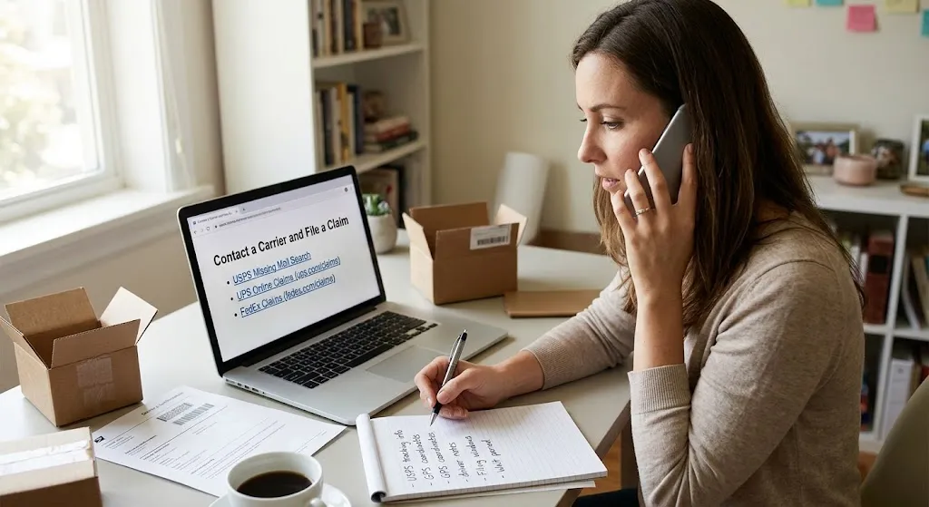 A person writes on a notepad with a pen, taking notes next to a laptop displaying instructions on how to file a claim with shipping carriers. The laptop screen shows links for USPS Missing Mail Search, UPS Online Claims, and FedEx Claims. The notepad contains handwritten bullet points: "USPS tracking info," "GPS coordinates," "driver notes," "Filing windows," and "Wait period." Several open cardboard boxes are on the desk in the background.
