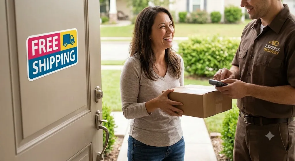 A smiling woman receiving a cardboard parcel at her front door from a courier, next to a door featuring a colorful Free Shipping decal.