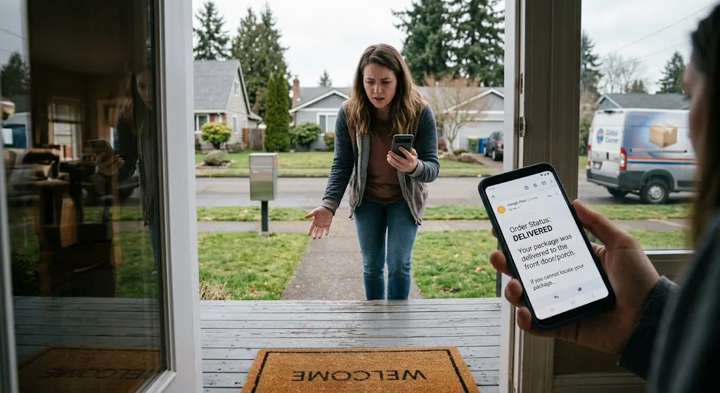 A confused woman standing on a suburban front porch looking at an empty doormat, while holding a smartphone in her hand displaying a delivery notification that reads 'Order Status: DELIVERED'. A delivery truck drives away in the background.