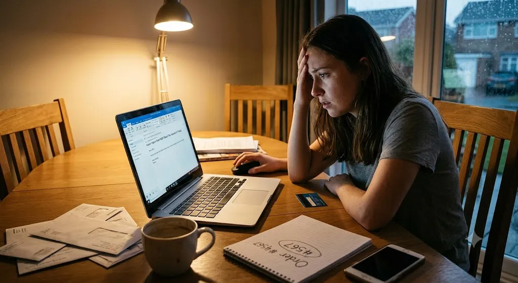 An anxious online buyer sitting at a laptop at night, holding a credit card and notepad, dealing with an e-commerce order issue.