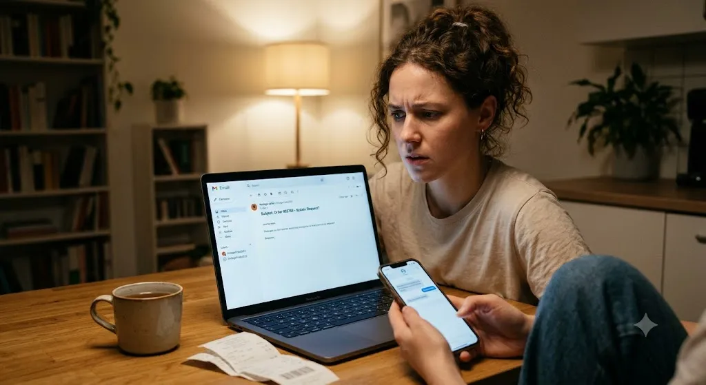 A stressed woman sitting at a desk looking upset as her laptop displays a red warning alert message about an unverified online seller.