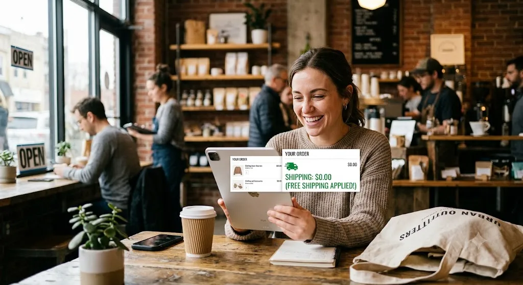 A smiling woman sitting in a cozy coffee shop looking at a tablet showing an online shopping cart checkout screen with a prominent green "SHIPPING: $0.00 (FREE SHIPPING APPLIED!)" message.