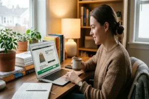A woman sitting at a cozy desk holding a coffee mug while looking at a laptop displaying an online store with a bright green "FREE SHIPPING" banner.
