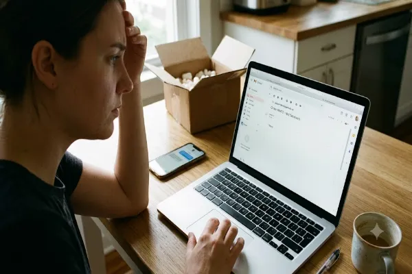 A concerned woman sitting at a desk reviewing an unanswered email to an online seller regarding an unfulfilled order on her laptop.