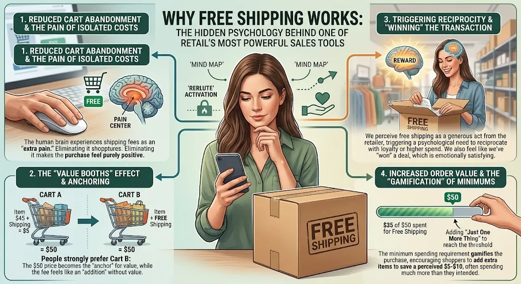 An informative infographic titled "Why Free Shipping Works: The Hidden Psychology Behind One of Retail's Most Powerful Sales Tools." It illustrates four key psychological triggers: 1) Reduced Cart Abandonment by eliminating isolated shipping costs, 2) The Anchoring Effect where buyers prefer a $50 item with free shipping over a $45 item with $5 shipping, 3) Reciprocity and Reward feelings of "winning" the deal, and 4) Increased Order Value through minimum spend thresholds.