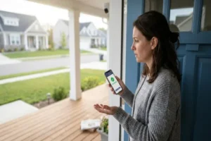 A frustrated and confused woman stands at her blue front door, holding up a smartphone that displays a delivery status of "DELIVERED." She is gesturing with an empty hand to her vacant wooden porch, which only has some newspapers, indicating she did not receive her package despite the notification. The setting is a quiet suburban neighborhood.