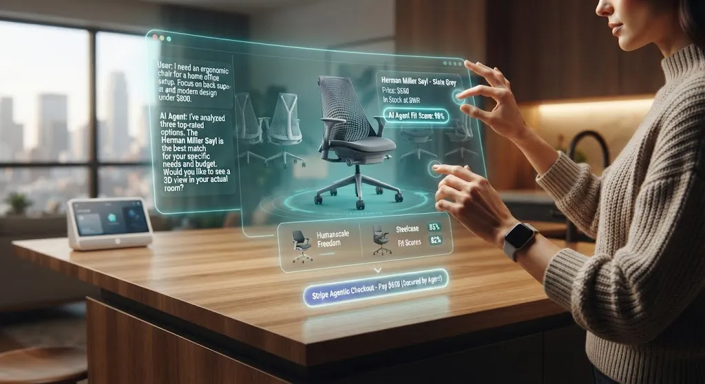 A futuristic, photorealistic image shows a woman in a knit sweater interacting with a transparent holographic display floating above a kitchen island. Her hands are gesturing to manipulate a 3D model of a Herman Miller Sayl office chair. The interface displays the chair's details, price ($650), a high "AI Agent Fit Score," and comparative suggestions for other ergonomic chairs. On the left, a chat log shows a conversation about her need for a home office chair. A smart home hub sits on the counter in the blurred background, with a city skyline view through a window. The scene emphasizes touchless agentic commerce.