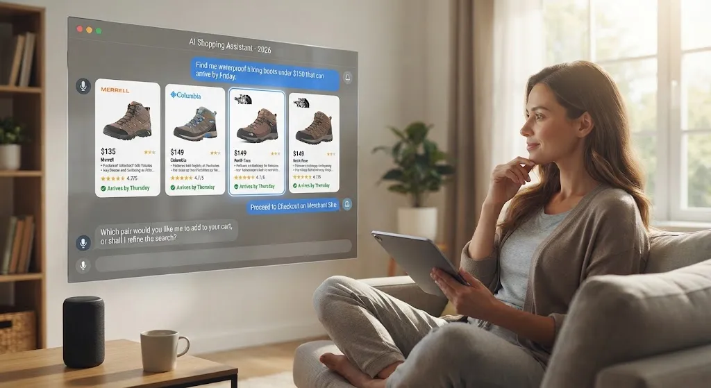 A woman relaxing on a living room sofa holds a tablet while a translucent floating interface displays an AI shopping assistant displaying waterproof hiking boot options, pricing, and delivery estimates.