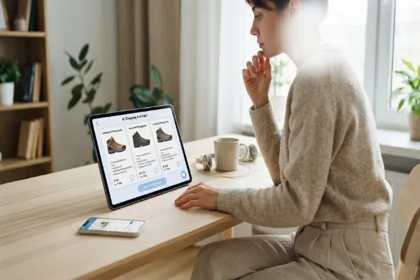 A woman using a tablet at a desk to review product options displayed by an AI shopping assistant.