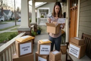 A confused woman standing on her front porch holding a small item and invoice from an open shipping box surrounded by several unsolicited packages.