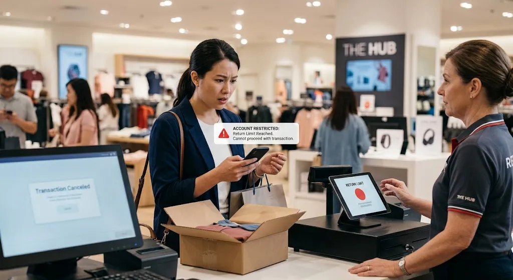 Provides a clear, detailed description of the scene for screen readers, explaining both the context (retail checkout counter, return process) and key visual details (the pop-up alert and store register display).