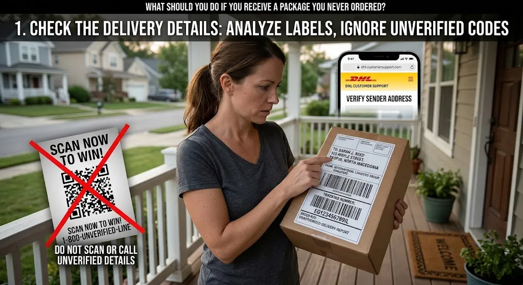 A woman standing on her front porch carefully pointing to and inspecting the shipping label on an unexpected delivery package while avoiding a suspicious QR code insert marked with a red X.