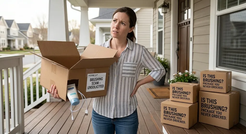 A perplexed woman holding an opened cardboard shipping box containing a small plastic tube and USB cable on her front porch, surrounded by several unsolicited packages.