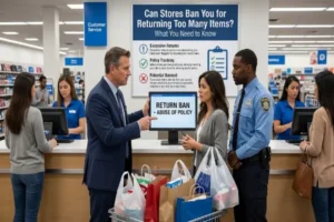 A store manager pointing to a screen displaying "Return Ban - Abuse of Policy" while explaining return restrictions to a customer surrounded by shopping bags at a retail customer service desk.
