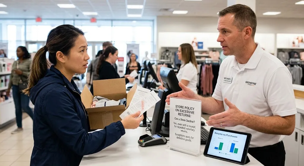 A photograph from inside a department store showing a male manager, with a name tag, standing behind a service counter explaining the store’s policy to a female customer. The customer is holding out receipts and a cardboard box. There is a small sign on the counter that reads, "STORE POLICY ON EXCESSIVE RETURNS: Can a Store Decline? Yes, even with a receipt, for repeated voluntary returns. Exceptions apply for defective goods." A tablet displaying a bar chart titled "Returns vs Purchases" is also visible on the counter.