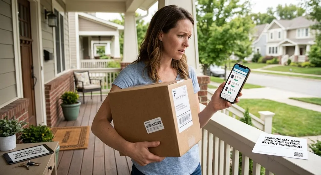 A concerned woman standing on her suburban porch holding an unexpected delivery box while checking her smartphone for unauthorized account activity.